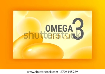 Omega 3 capsules vector banner in 3D style. Coated fish oil pills advertising template. Dietary supplement packaging. Many big morphing blobs background. Bright yellow abstract flowing shape design