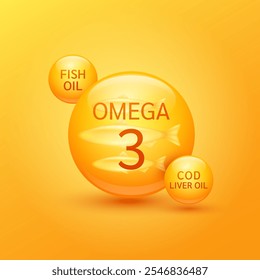 Omega 3 y aceite de hígado de bacalao, ácidos grasos de aceite de pescado sobre fondo naranja. Para productos de nutrición, anuncios de salud alimentaria. Conceptos científicos médicos. Ilustración vectorial 3D.