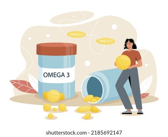 Omega 3 concept. Woman holding vitamins, balanced diet and proper nutrition. Healthy diet, beneficial micronutrient in fatty foods. Healthcare and active lifestyle. Cartoon flat vector illustration