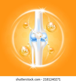 Omega 3 DHA EPA help heal arthritis knee joint, pain in leg. Healthy bone skeleton x ray scan. On a orange background. Used for nutrition products food template design. 3D Vector EPS10.