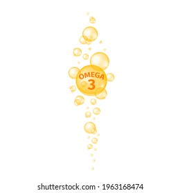 Omega 3 fatty acid pills. Fish oil capsules. Golden glossy bubbles streaming. Food supplement for beauty and health. Vector realistic illustration.