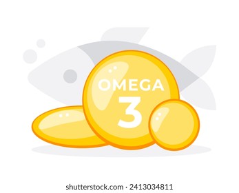 Omega 3 fatty acids capsules with a fish silhouette, highlighting the health benefits of dietary supplements