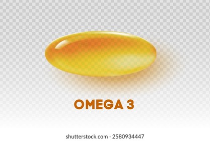 Omega 3 fatty acids fish oil capsule isolated on transparent background. Shiny golden gel pill rich in essential fatty acids for health, nutrition, and dietary supplements. Medical and pharmaceutical 