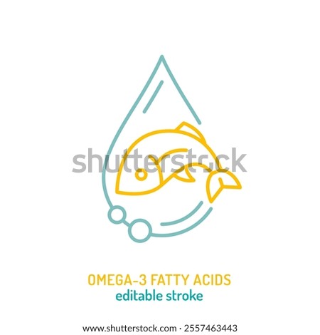 Omega 3 fatty acids line icon. Fish oil skincare pictogram. Hydration and brightening sign. Editable stroke. Medical symbol in outline style. Wellness and beauty concept. Vector isolated illustration