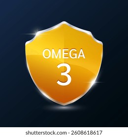 Omega 3 or Fatty Acids in translucent glass shield modern orange. Nutrients vitamins fish oil. For design dietary supplement products. Medical health care immunity protection concept. 3D Vector.
