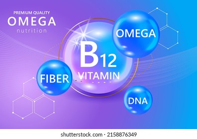 Omega 3, Fiber,DNA, B12 Nutrition and Vitamin Logo Products for brain. Nutrition sign vector concept. The power of vitamin