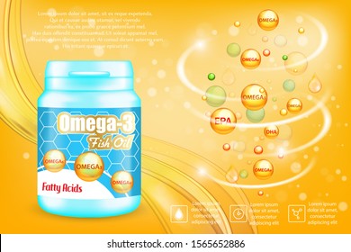 Omega 3 fish oil supplements advertising vector poster banner template. Omega-3 fatty acids plastic bottle with label and softgel balls.