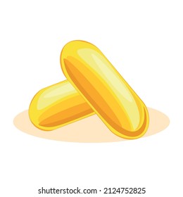 Omega 3. Fish oil. Two yellow omega 3 capsules. Food supplement. Vector illustration isolated on a white background for design and web.