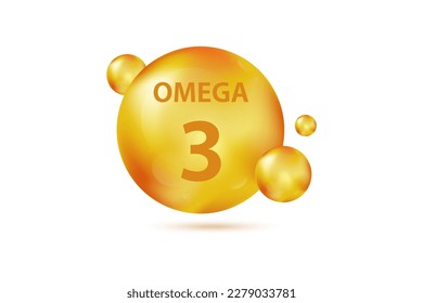 Omega 3 gold capsule. Vitamin drop pill capsule. Shining golden essence droplet. Beauty treatment nutrition skin care design. Beauty and health vector concept. Vector illustration