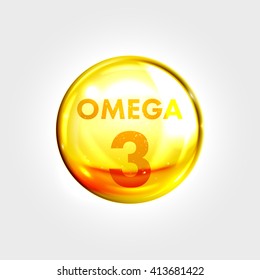 Omega 3 gold icon. Vitamin drop pill capsule. Shining golden essence droplet. Beauty treatment nutrition skin care design. Vector illustration.