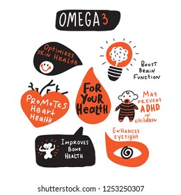 Omega 3 healthy benefits. Funny hand drawn infographic s. Made in vector. Isolated on white.