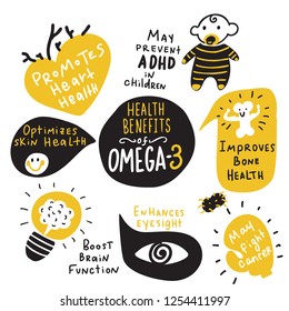 Omega 3 healthy benefits. Funny hand drawn infographic poster. Made in vector. Isolated on white.