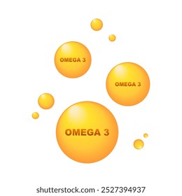 Omega 3-Symbol. Kreis fällt. Gesunde Lebensmittelzusatzstoffe Fettsäure, Fischöl Molekül Blasen Design. Vektorgrafik.