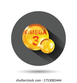 Omega 3 icon in flat style. Pill capcule vector illustration on black round background with long shadow effect. Oil fish circle button business concept.