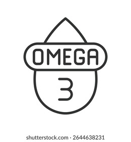 Omega 3, icon in line design. omega-3, supplement, fish-oil, health, brain, heart, fatty-acid on white background vector. Omega 3, editable stroke icon
