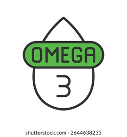 Omega 3, icon in line design green. omega-3, supplement, fish-oil, health, brain, heart, fatty-acid on white background vector. Omega 3, editable stroke icon