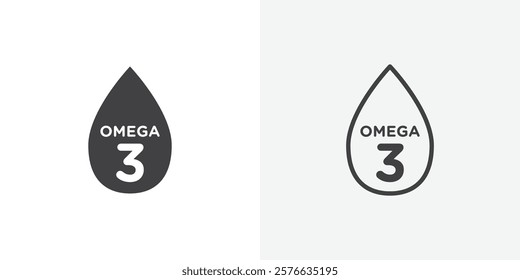 Omega 3 icon set in black flat solid and outlined style.
