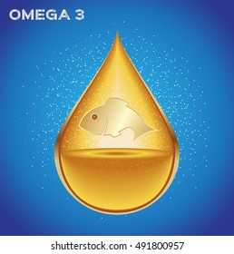 Omega 3 Icon Vector . Gold  Drop,