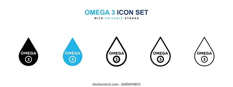 Omega 3 icons graphics set in black and blue colors