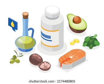 Omega 3 Isometric Background With Salmon Wallnut Avocado And Other Oil Rich Products Vector Illustration