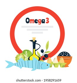 Omega 3 main food sources: fish, nuts, cabbage, red caviar. Vector illustration in a hand-drawn style. Perfect for pharmacological or medical poster, flyer, banner.