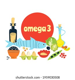 Omega 3 main food sources: fish, nuts, cabbage, red caviar. Vector illustration in a hand-drawn style. Perfect for pharmacological or medical poster, flyer, banner.