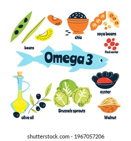Omega 3 main food sources: fish, nuts, cabbage, red caviar. Vector illustration in a hand-drawn style. Perfect for pharmacological or medical poster, flyer, banner.