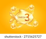 Omega 3 nutrients in fish shape supplemental shining orange radius ring fish oil vitamin surround. Benefits of improving mental, heart, eyes, bones health, lower cholesterol level. 3D Vector.