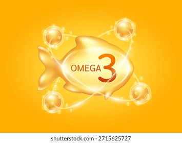 Omega 3 Nährstoffe in Fischform zusätzlich leuchtenden orangefarbenen Radius Ring Fischöl Vitamin umgeben. Vorteile der Verbesserung der psychischen, Herz, Augen, Knochen Gesundheit, senken Cholesterinspiegel. 3D-Vektor.