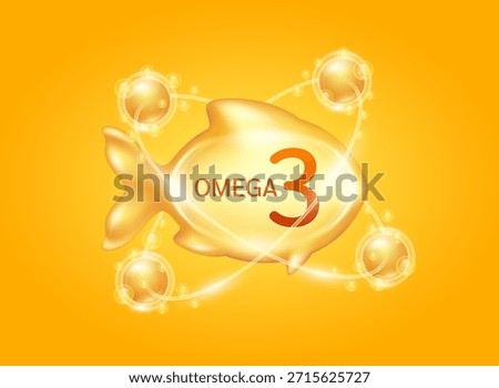 Omega 3 nutrients in fish shape supplemental shining orange radius ring fish oil vitamin surround. Benefits of improving mental, heart, eyes, bones health, lower cholesterol level. 3D Vector.