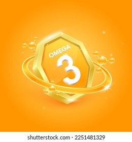 Omega 3 in octagon orange shape and atom orbit around. Logo label nutrition 3D gold. Used for products food design. Fish oil polyunsaturated fatty nutrient. Isolated Vector EPS10.