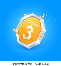 Omega 3 in octagon orange shape and atom around. Logo label nutrition 3D silver isolated on blue background. Used for products food design. Fish oil polyunsaturated fatty nutrient. Vector EPS10.