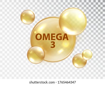 Omega 3 pill. Vitamin capsule. Oil bubble isolated on transparent background. Beauty treatment nutrition skin care design. Oil macro vector illustration