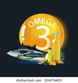 Omega 3. Polyunsaturated fatty acids. Natural organic food with high omega-3 content. Fundamentals of healthy nutrition.
