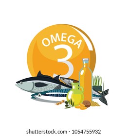 Omega 3. Polyunsaturated fatty acids. Natural organic food with high omega-3 content. Fundamentals of healthy nutrition.