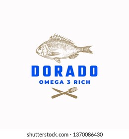 Omega 3 Rich Dorado Fish Abstract Vector Sign, Symbol or Logo Template. Hand Drawn Sketch Dorada with Modern Typography. Vector Emblem. Isolated.