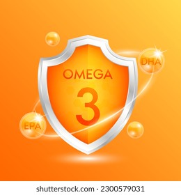 Omega 3 shield with DHA, EPA orange atom. Vitamins and minerals nutrients protect the body stay healthy. For nutrition products food. Medical scientific concepts. 3D Vector illustration.