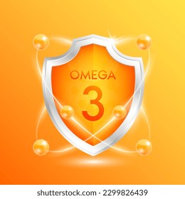 Omega 3 shield with orange atom. Vitamins and minerals nutrients protect the body stay healthy. For nutrition products food. Medical scientific concepts. 3D Vector illustration.