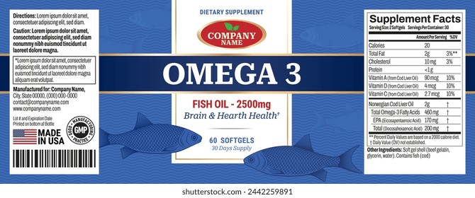 Omega 3 Softgels Flaschenetikett Vektorverpackung