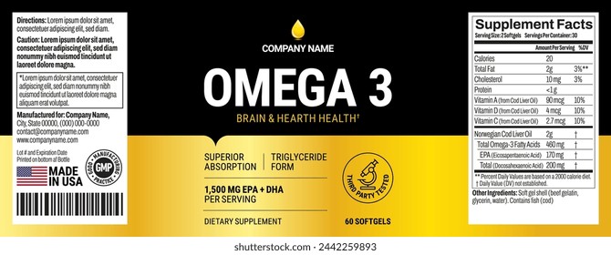 Omega 3 Softgels Bottle Label vector packaging
