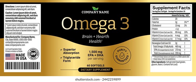 Omega 3 Softgels Bottle Label vector packaging