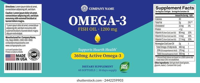 Omega 3 Softgels Bottle Label vector packaging