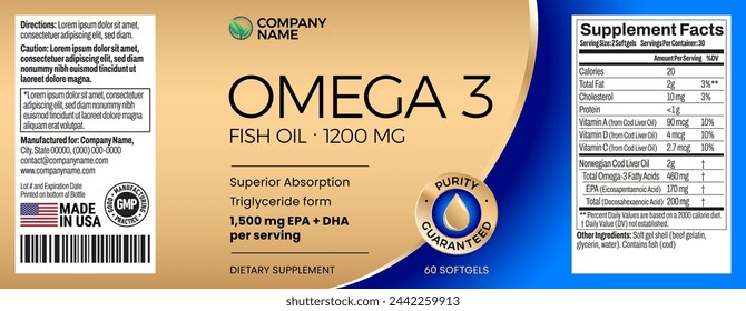 Omega 3 Softgels Etiqueta de la botella de embalaje vectorial