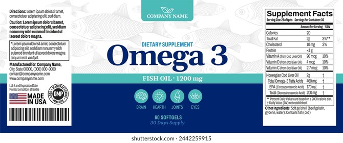 Omega 3 Softgels Bottle Label vector packaging