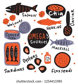 Omega 3 sources. Hand drawn illustration of different food with omega 3. Doodle. Vector design. isolated on white.