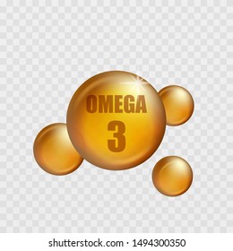 Omega 3. Vitamin drop, fish oil capsule, gold essence organic nutrition. Vector illustration