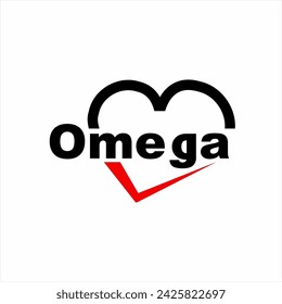 Omega-3-Wort-Logo-Design mit Nummer drei und Checkliste-Symbol im Herzkonzept.