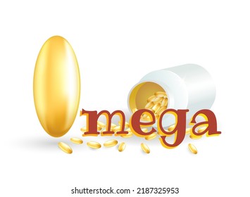 Omega 3-6-9 fatty acids. Fish oil capsules. Health care. Vitamins for prevention and treatment. Pills in pack. Isolated vector illustration.