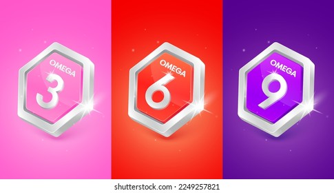 Omega 3,6,9 en hexágono color rosa púrpura rojo. Etiqueta de logotipo nutrición plata 3D aislada. Utilizado para el diseño de productos alimenticios. Aceite de pescado poliinsaturado nutriente graso. EPS10 vectores.
