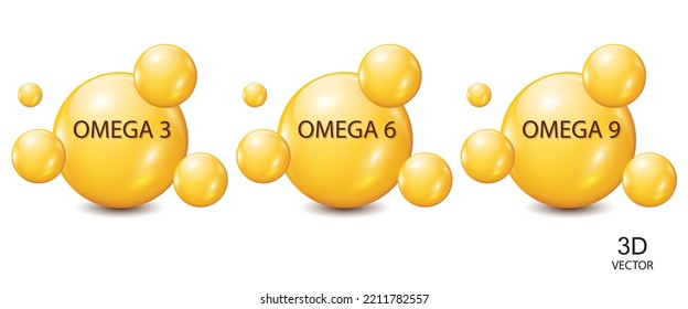 omega 3,6,9 icon in 3D illustration on white background,omega pill capsules vector design template and Organic vitamin nutrient oil fish business concept.